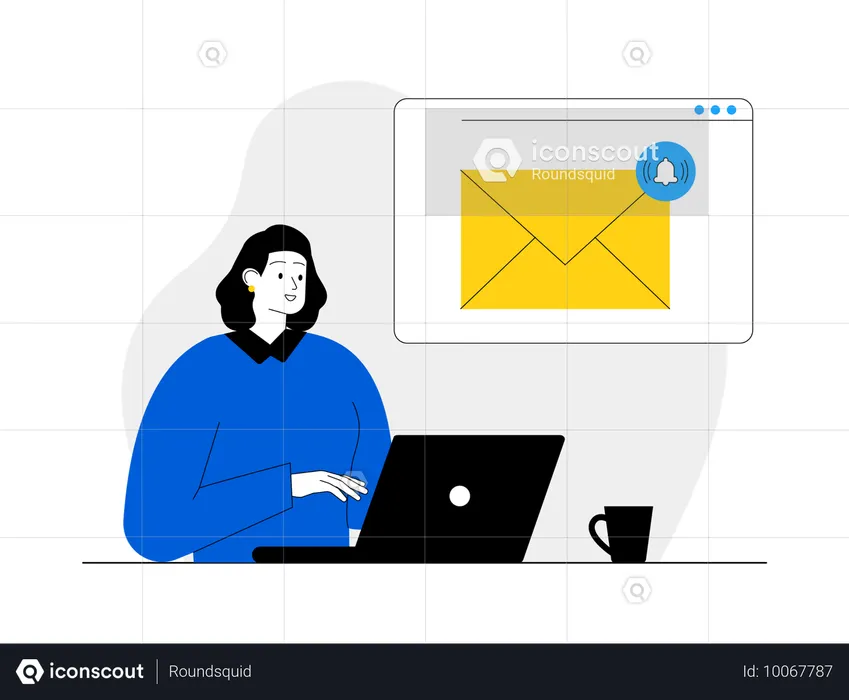 Garota trabalhando no laptop enquanto recebe notificação por e-mail  Ilustração
