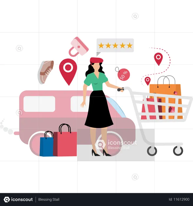 Menina verificando avaliações e classificações de clientes  Ilustração