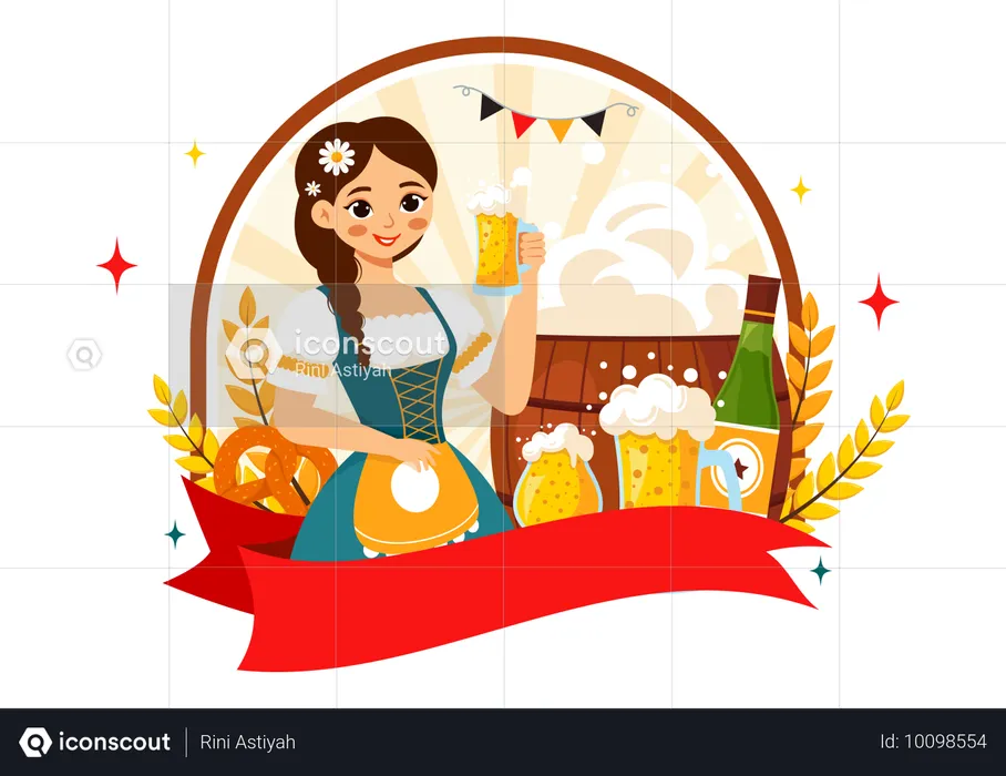 Garota vestindo fantasia bávara segurando um copo de cerveja  Ilustração