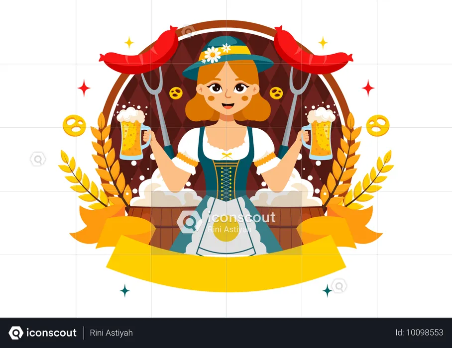 Menina vestindo traje bávaro segurando copo de cerveja e salsicha  Ilustração