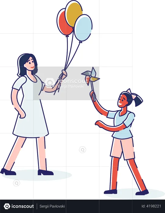 Meninas com balões de ar e uma menina segurando brinquedos de moinho de vento  Ilustração