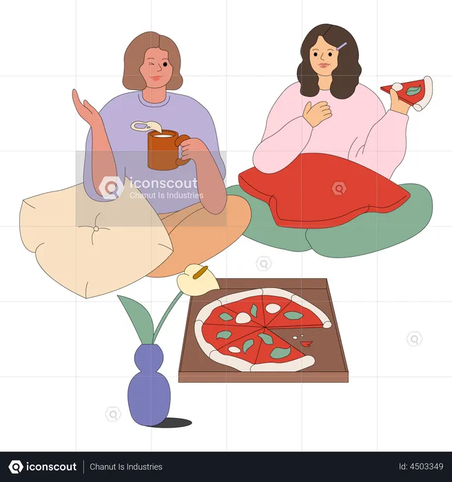 Meninas comendo pizza  Ilustração