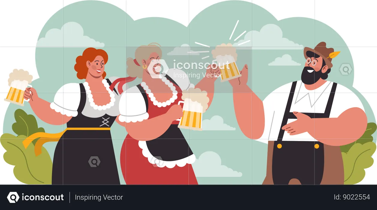 Meninas e homem comemoram cerveja  Ilustração