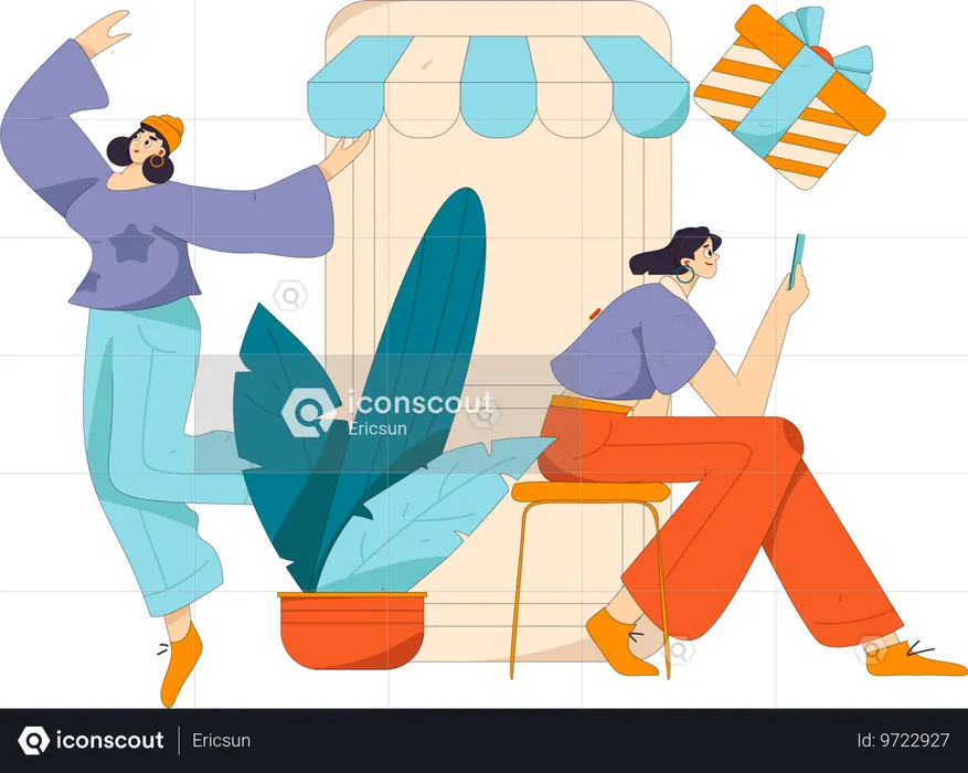 Meninas fazendo compras pelo celular  Ilustração