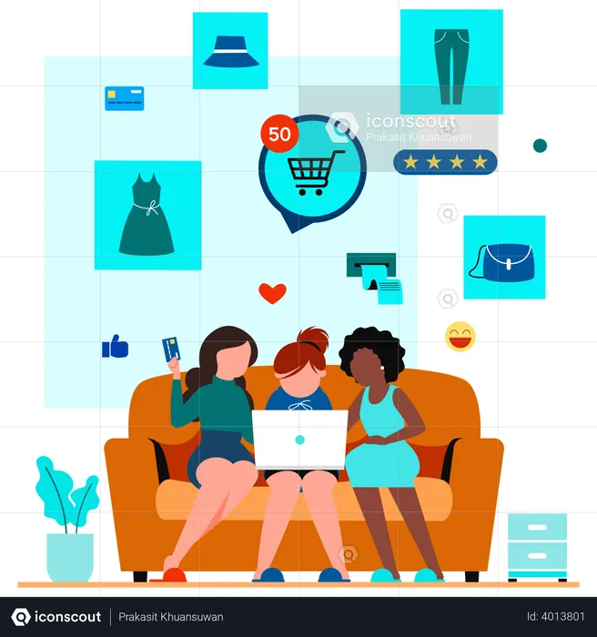 Meninas fazendo compras online  Ilustração