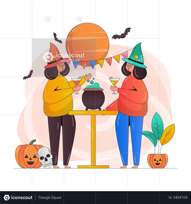 Meninas fazendo festa de Halloween  Ilustração