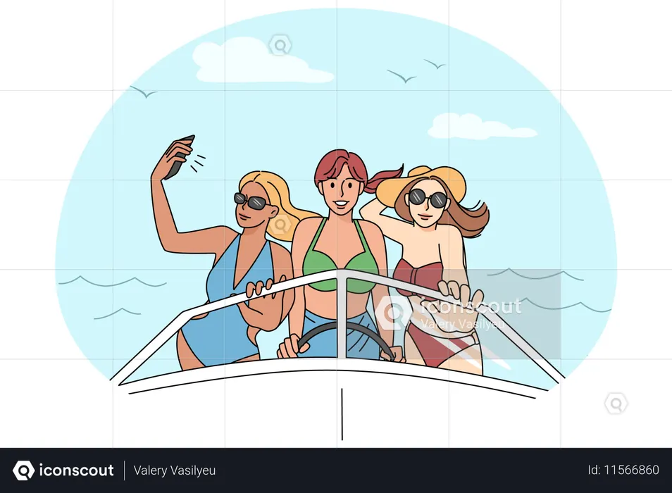 Meninas felizes andando de bicicleta em iate  Ilustração