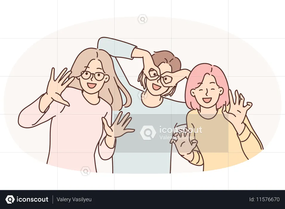 Meninas felizes de amigos se divertem fazendo caretas e colocando os dedos nos rostos em vez de óculos  Ilustração