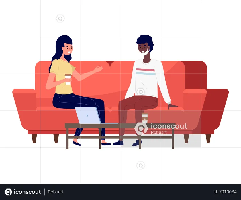 Meninas sentadas no sofá e se comunicando  Ilustração