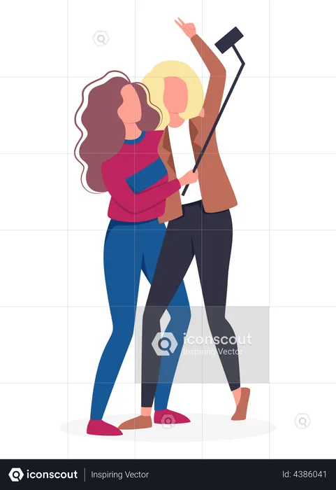 Meninas tirando selfie em viagem  Ilustração