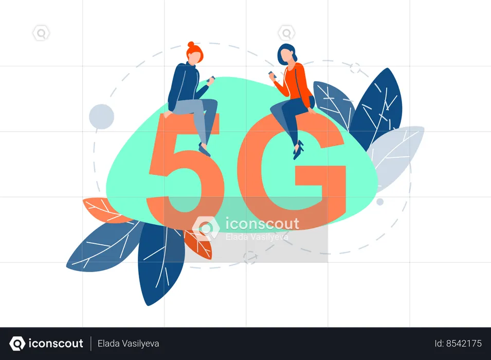 Meninas usam rede 5G em celulares  Ilustração