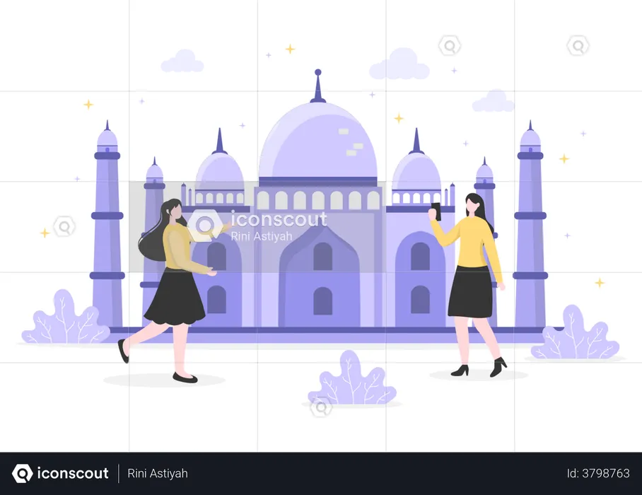 Meninas visitando o Taj Mahal  Ilustração