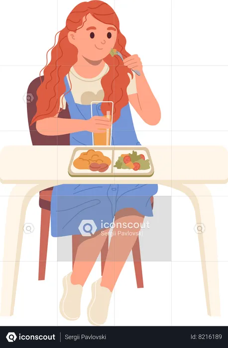 Menina da escola comendo na cantina da escola primária  Ilustração