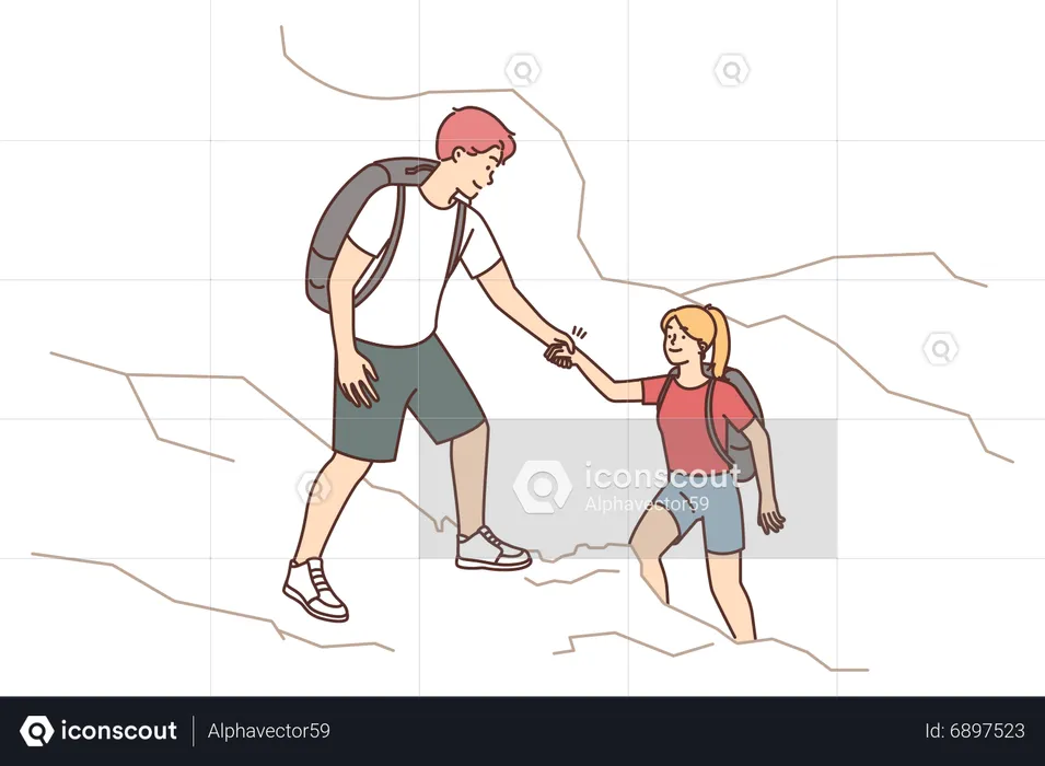 Menino ajudando a menina a escalar durante uma caminhada  Ilustração