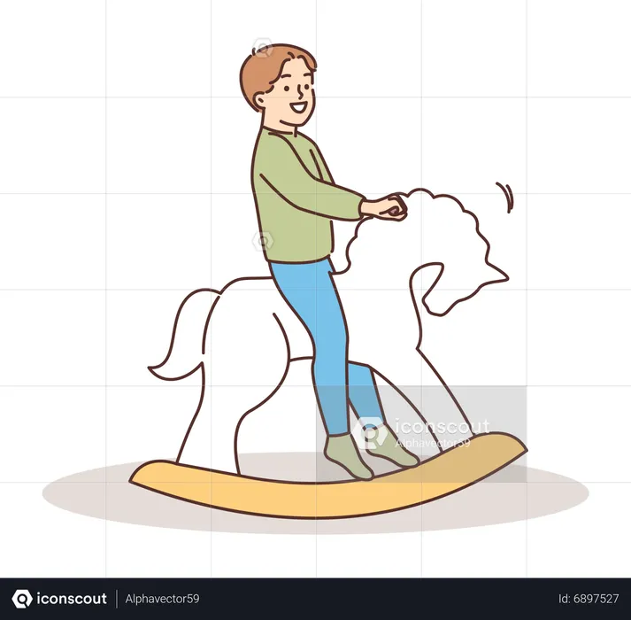 Menino andando em cavalo de balanço  Ilustração