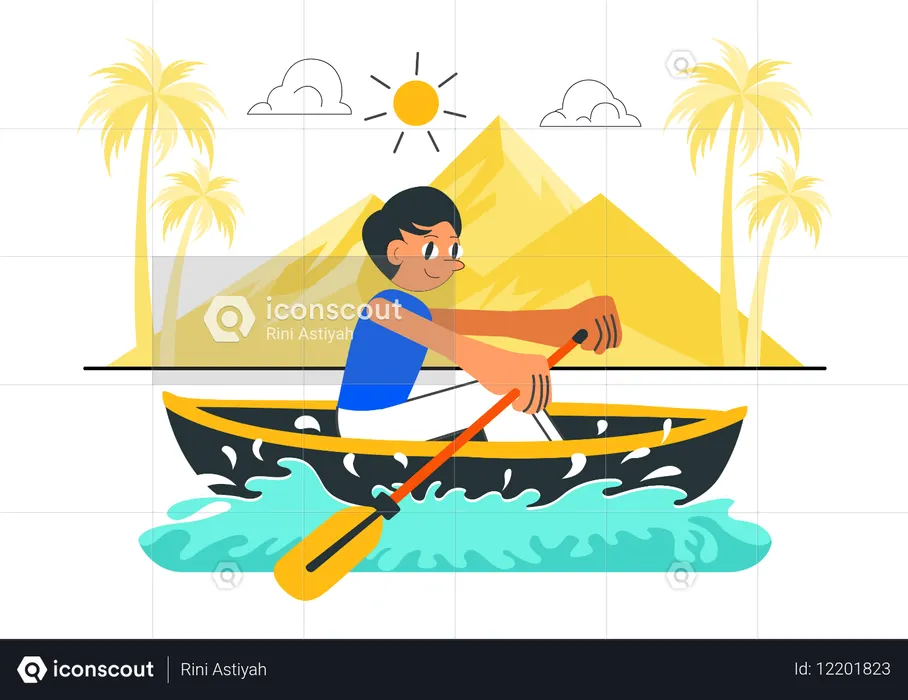 Menino andando de barco no rio  Ilustração