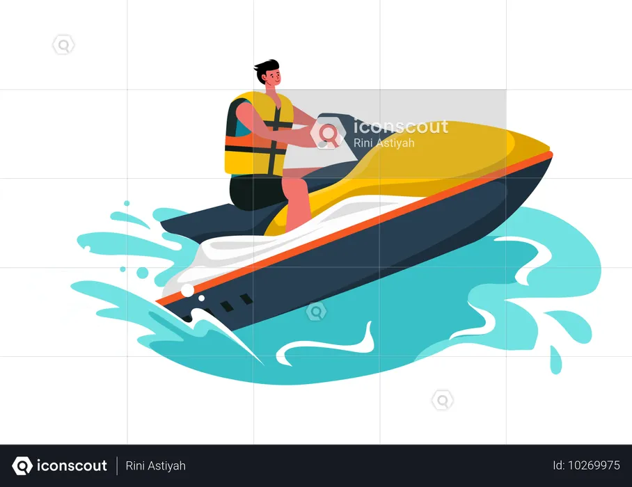 Menino andando de jet ski  Ilustração