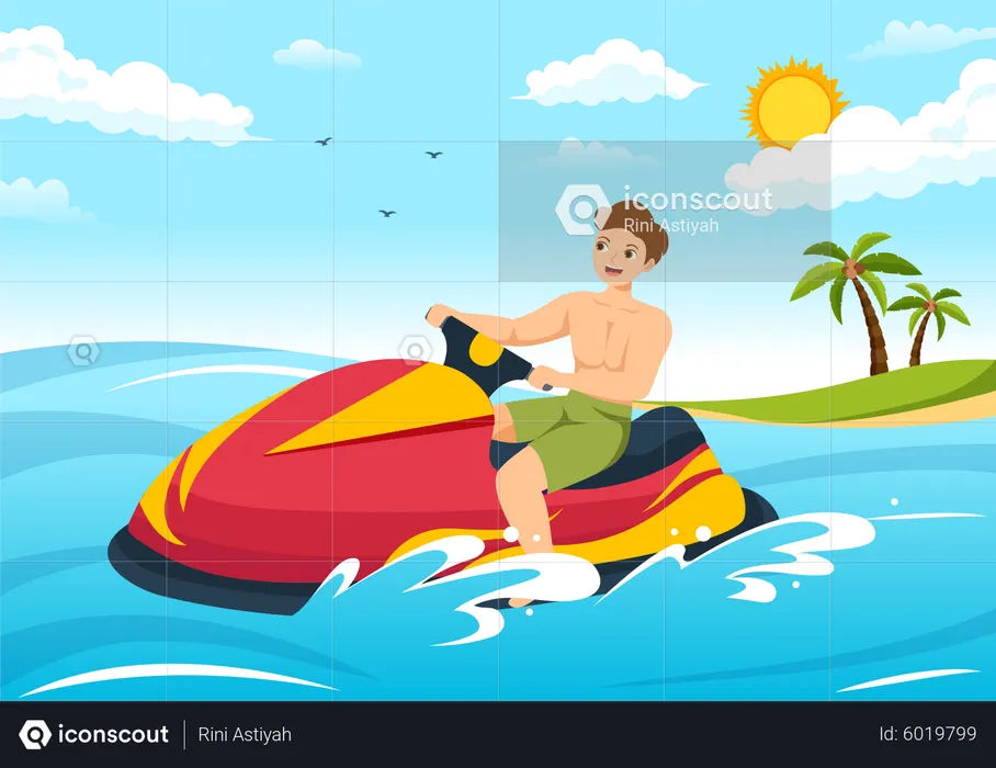 Menino andando de jet ski no oceano  Ilustração
