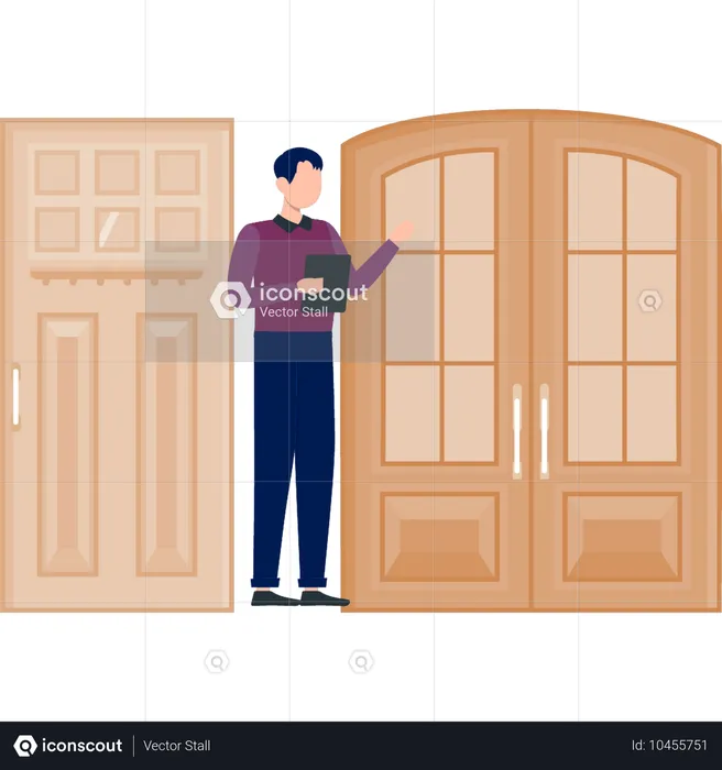 Menino apontando para a porta  Ilustração