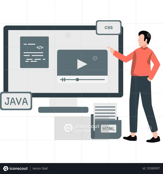 Garoto apontando vídeo de programação  Ilustração