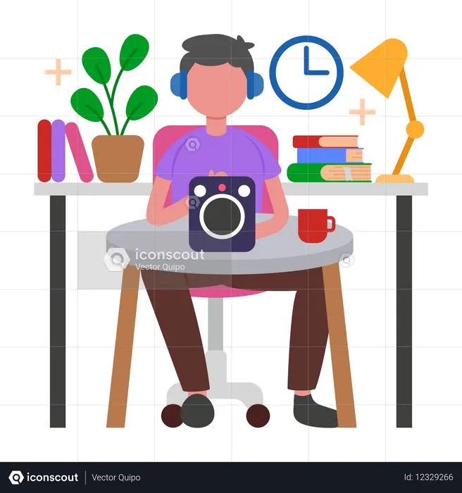 Menino aprendendo e relaxando com podcasts  Ilustração