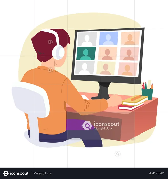 Menino participando de aula on-line  Ilustração