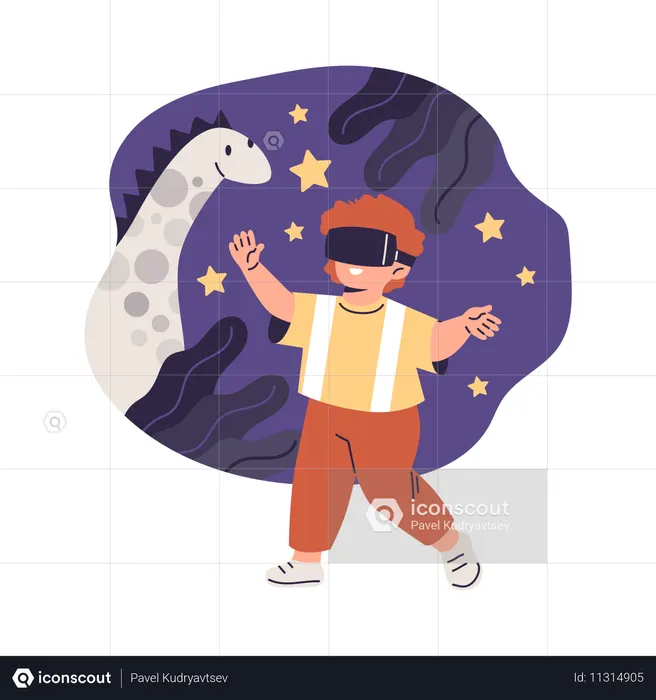 Menino brincando com óculos de realidade virtual em mundo virtual com dinossauro  Ilustração