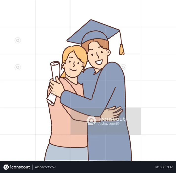 Menino clica em foto de formatura com a mãe  Ilustração