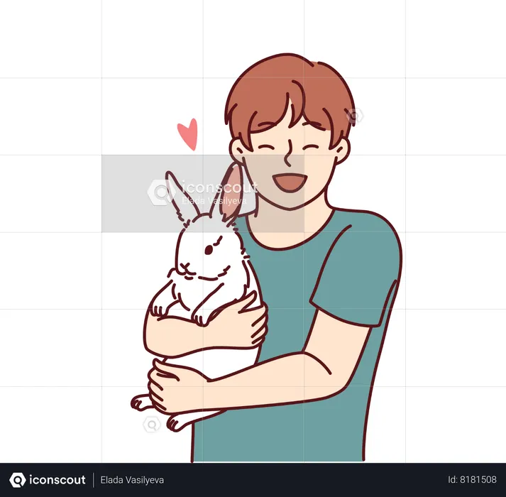 Menino com risada de coelhinho abraçando amado animal de estimação  Ilustração