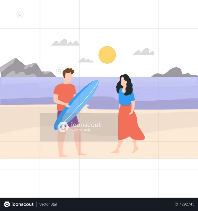 Menino com prancha de surf e menina andando na praia  Ilustração