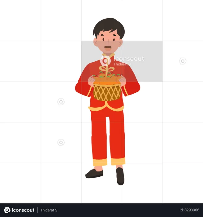 Menino com vestido tradicional chinês segurando uma cesta de laranjas  Ilustração