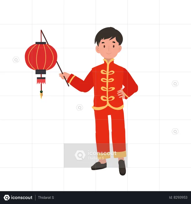 Menino com vestido tradicional chinês segurando uma lanterna vermelha  Ilustração