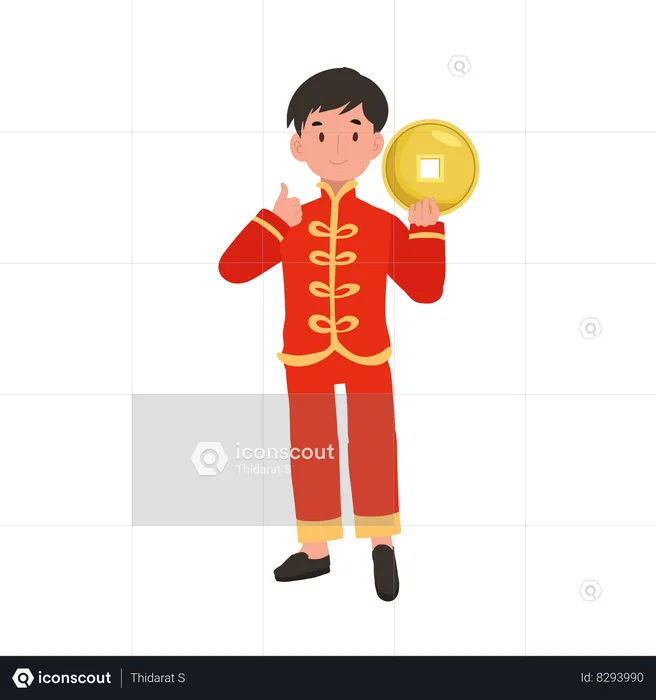 Menino com vestido tradicional chinês segurando uma moeda de ouro  Ilustração