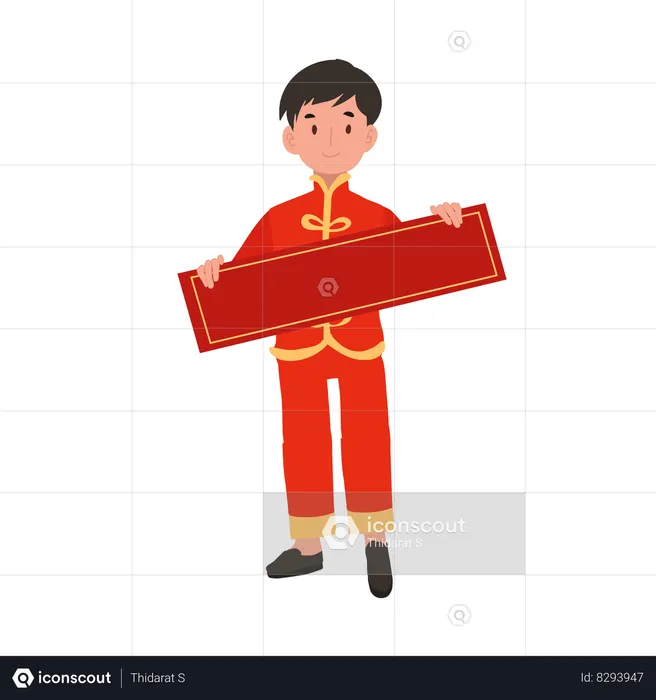 Menino com vestido tradicional chinês, segurando papel vermelho  Ilustração