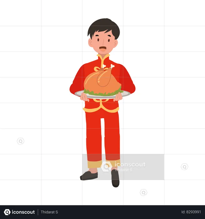 Menino com vestido tradicional chinês, segurando o prato de carne  Ilustração