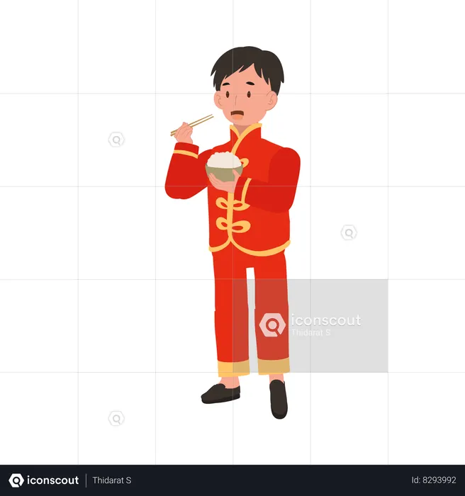 Menino com vestido tradicional chinês segurando uma tigela de arroz  Illustration