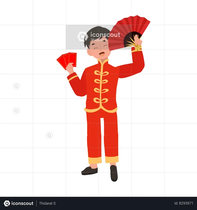 Menino com vestido tradicional chinês segurando envelope vermelho e leque de mão  Ilustração