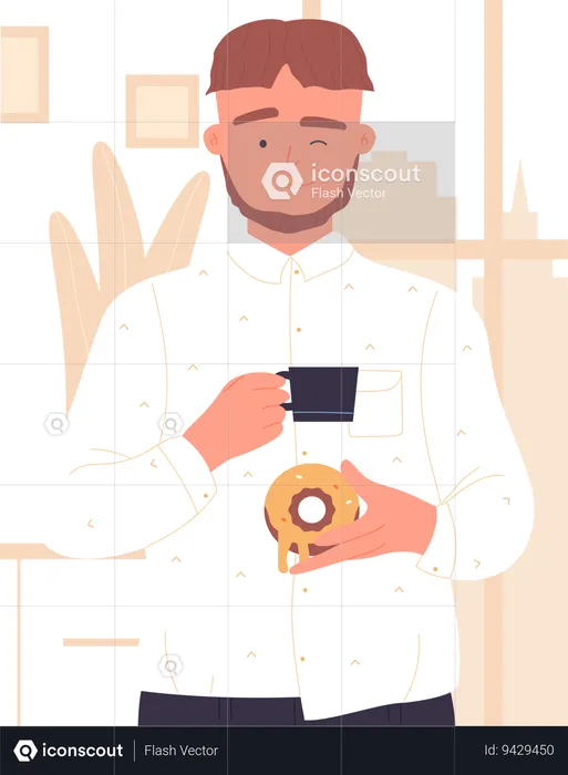 Garoto comendo donut com café  Ilustração