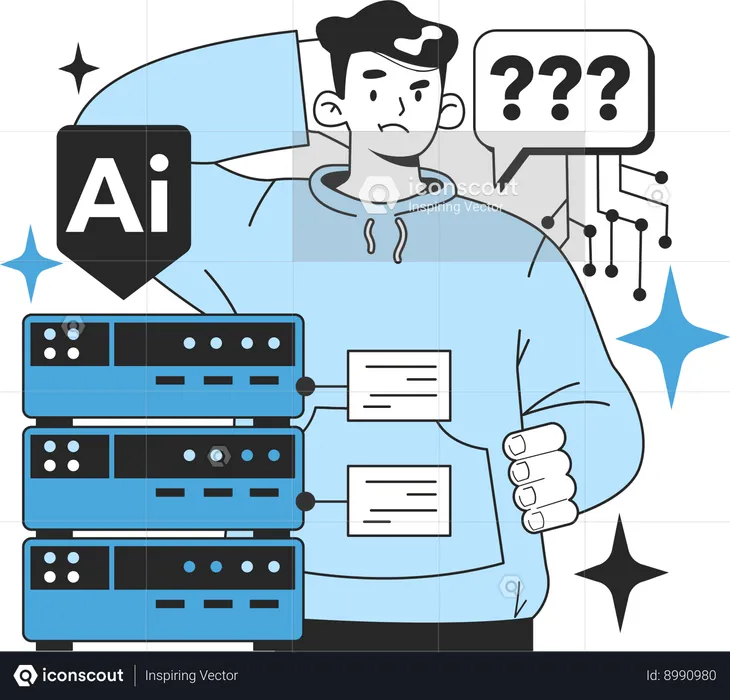 Garoto confuso com servidor de IA  Ilustração