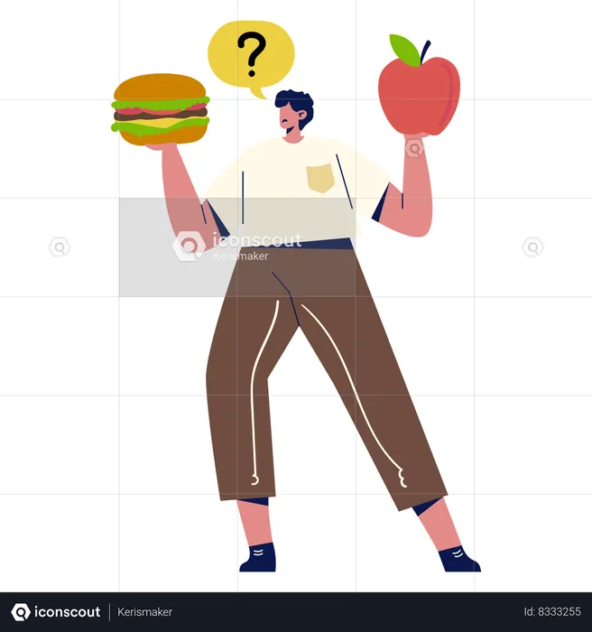 Menino confuso com comida saudável e não saudável  Ilustração