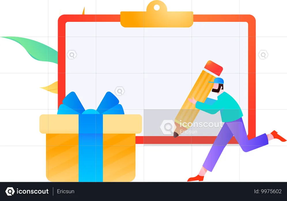 Menino correndo com lápis enquanto faz plano de negócios  Ilustração