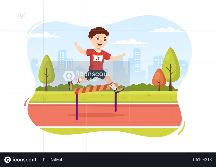 Menino correndo em corrida de obstáculos  Ilustração