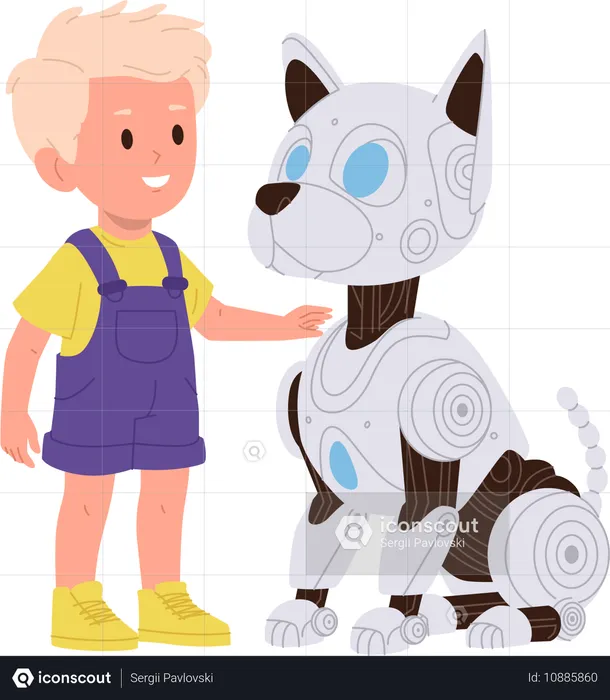 Menino brincando com um cachorro robótico, uma máquina de filhotes automatizados fofos  Ilustração