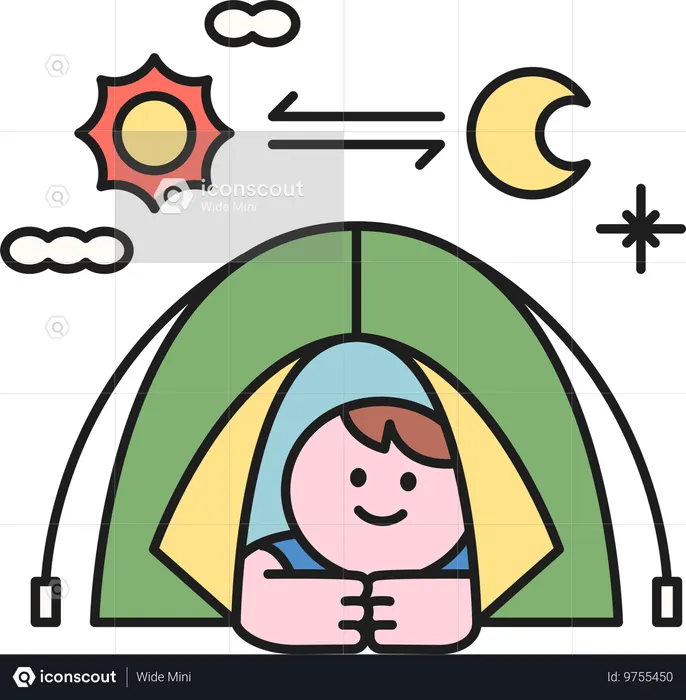 Menino gostando de acampar no verão  Ilustração
