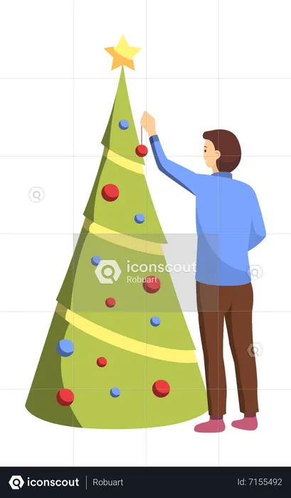 Menino decorando árvore de natal  Ilustração