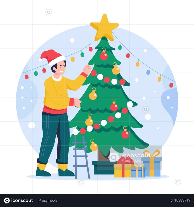 Menino decorando árvore de natal  Ilustração