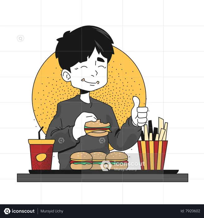 Menino desfrutando de comida na mesa  Ilustração