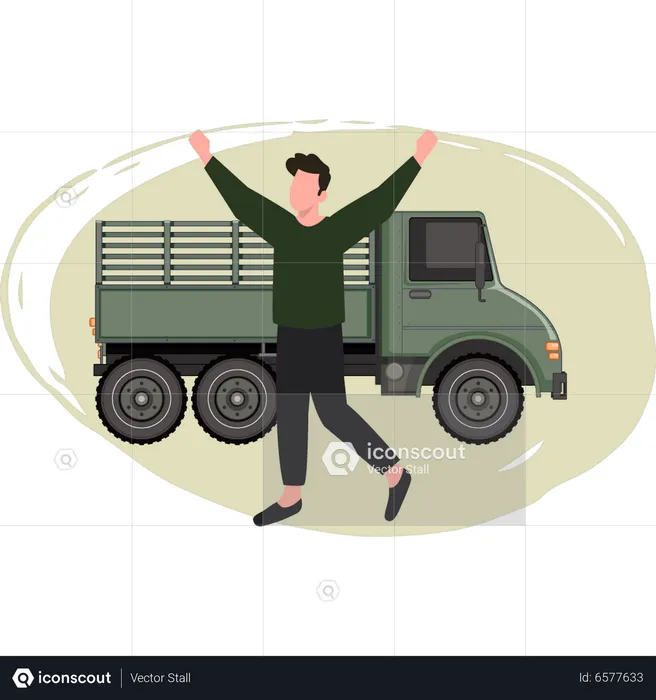 Menino do exército parado ao lado de um caminhão militar  Ilustração