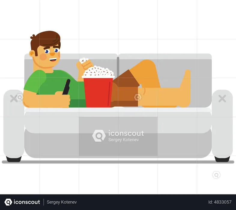 Menino dormindo no sofá enquanto come pipoca  Ilustração