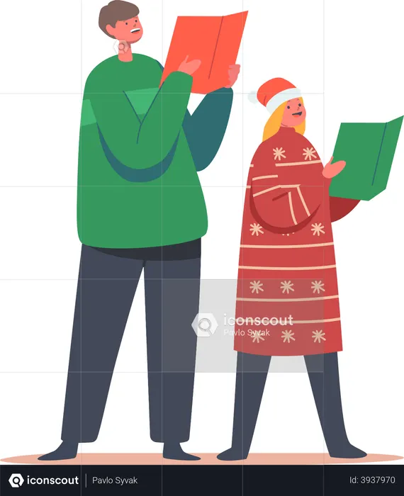 Menino e menina cantam canções de natal com livros  Ilustração